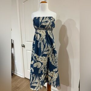 Roxy Strapless Dress - Blue and Cream Leaf Print